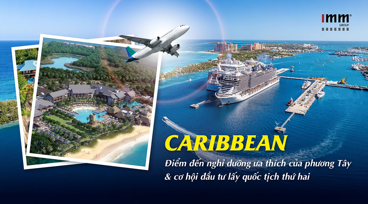Bãi biển xanh ngọc và cây cọ rợp bóng mát ở vùng biển Caribbean