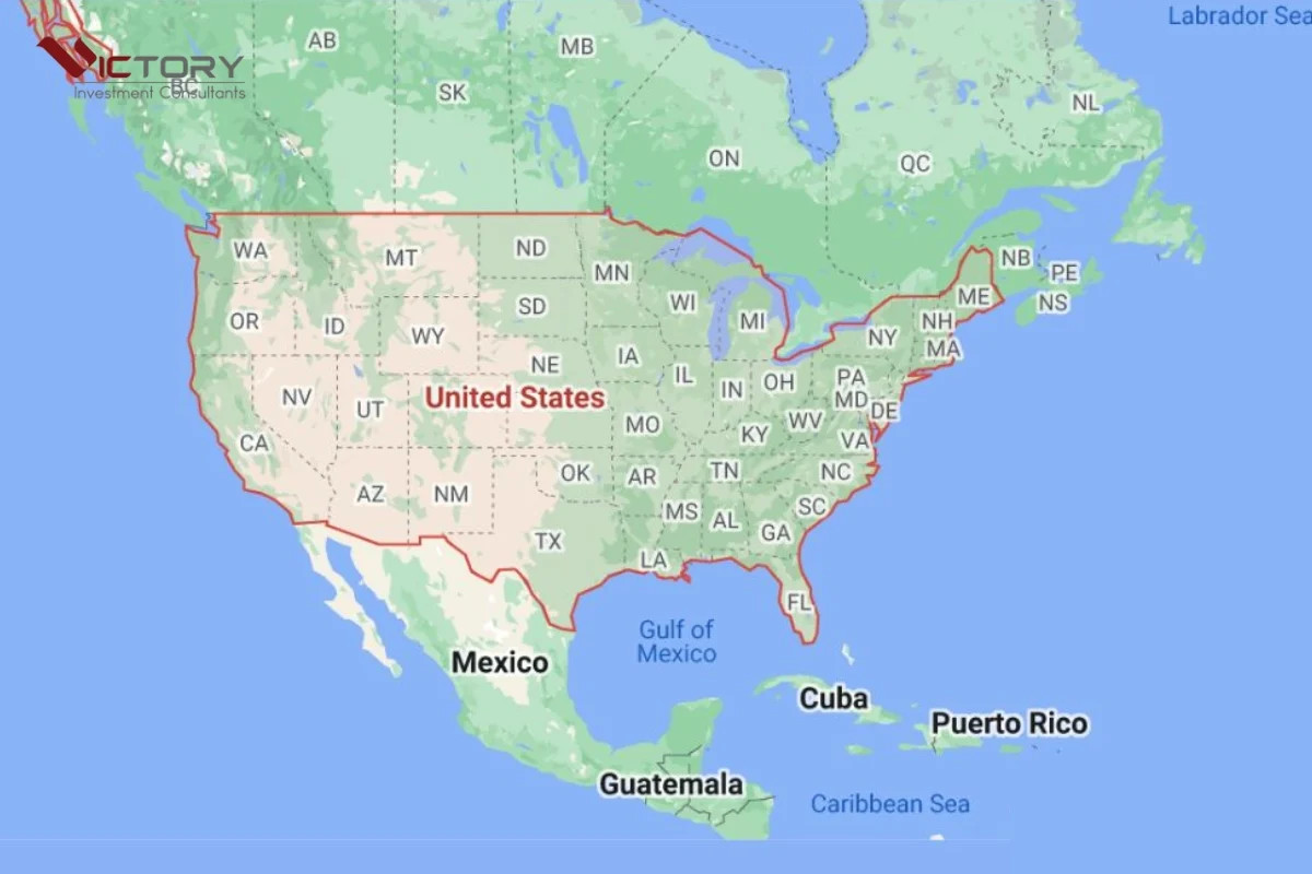 Bản đồ Hoa Kỳ minh họa diện tích tổng thể và các khu vực địa lý