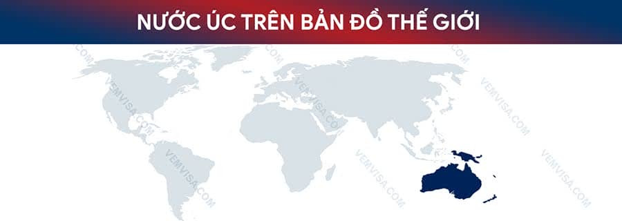 Bản đồ thế giới hiển thị vị trí địa lý độc đáo của nước Úc, nằm giữa Ấn Độ Dương và Thái Bình Dương