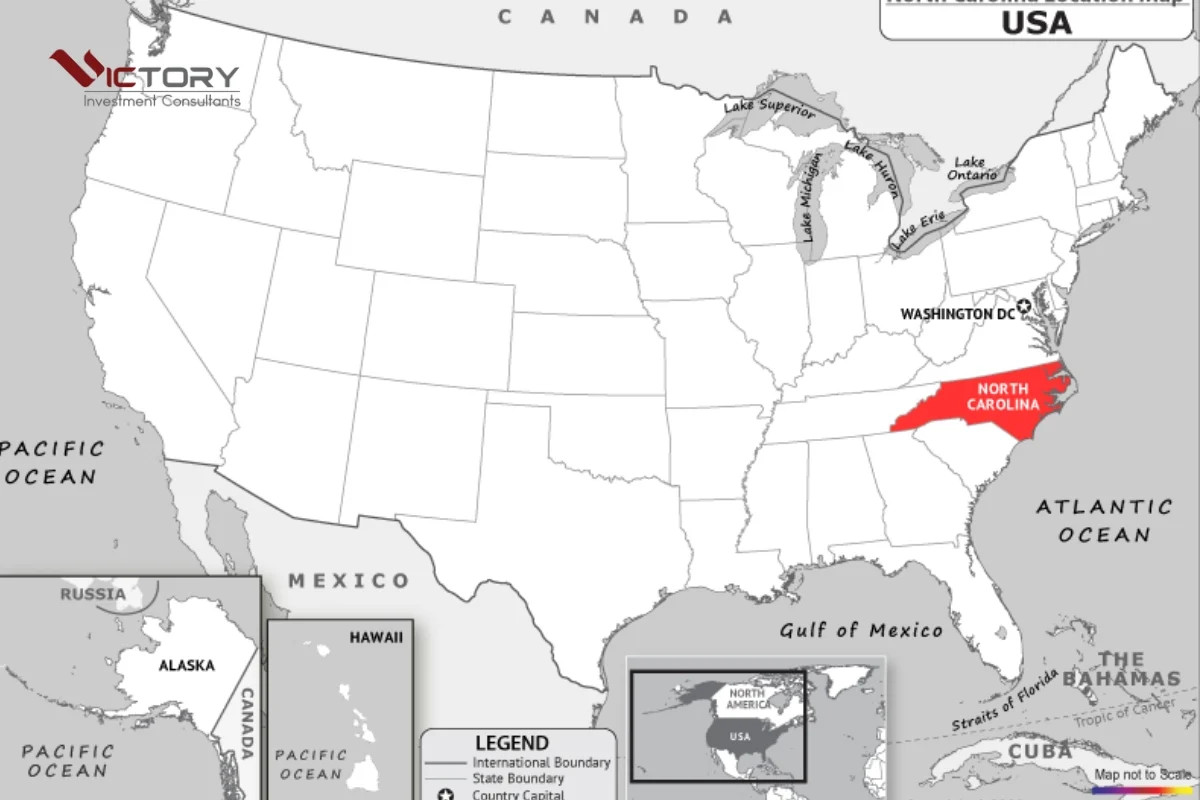 Bản đồ vị trí địa lý của bang North Carolina, Hoa Kỳ trong khu vực Đông Nam