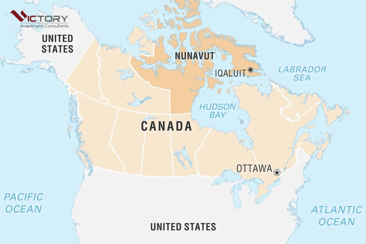 Bản đồ vị trí địa lý của Nunavut Canada và các đảo lớn