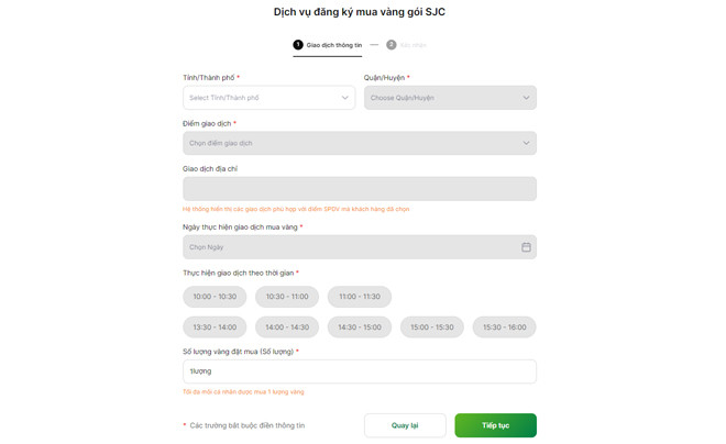 Biểu mẫu đăng ký địa điểm và số lượng mua vàng SJC Vietcombank online