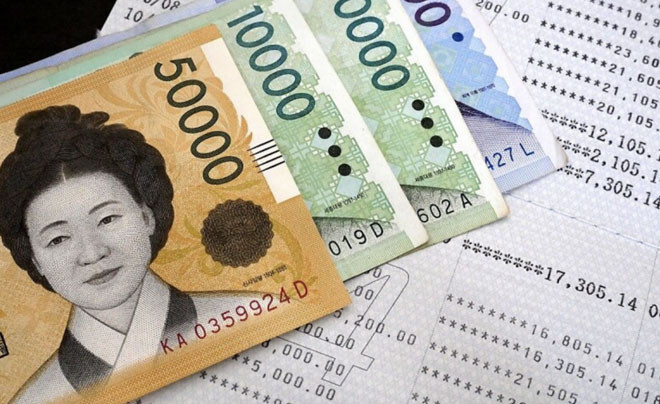 Cận cảnh các mệnh giá tiền Won Hàn Quốc, bao gồm cả tiền giấy và tiền xu, được sắp xếp gọn gàng