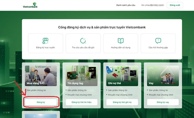 Chọn mục đăng ký dịch vụ mua vàng SJC trực tuyến trên Vietcombank