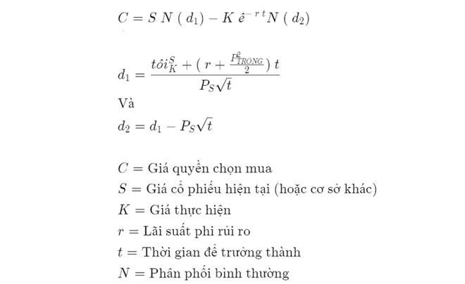 Công thức toán học của mô hình Black-Scholes dùng để tính giá quyền chọn mua kiểu Châu Âu