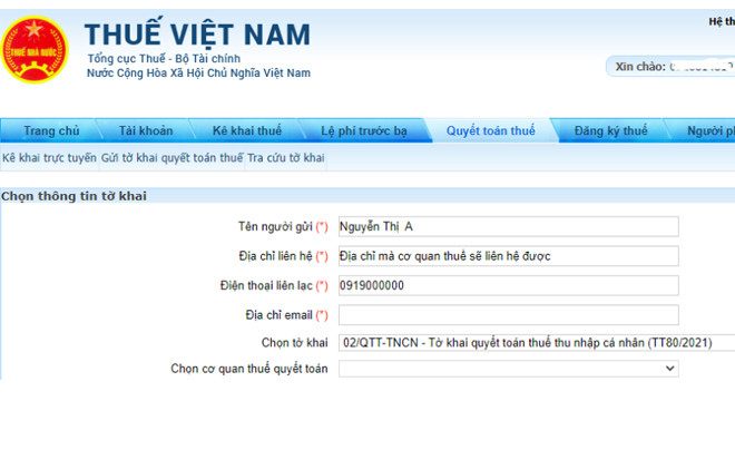 Điền thông tin kê khai trực tuyến và chọn tờ khai