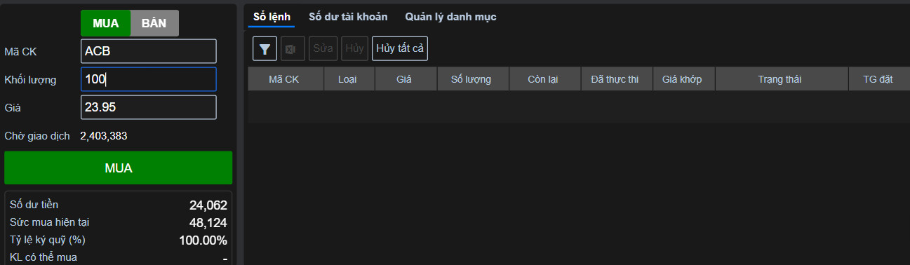 Giao diện đặt lệnh mua cổ phiếu ACB trên sàn giao dịch chứng khoán trực tuyến