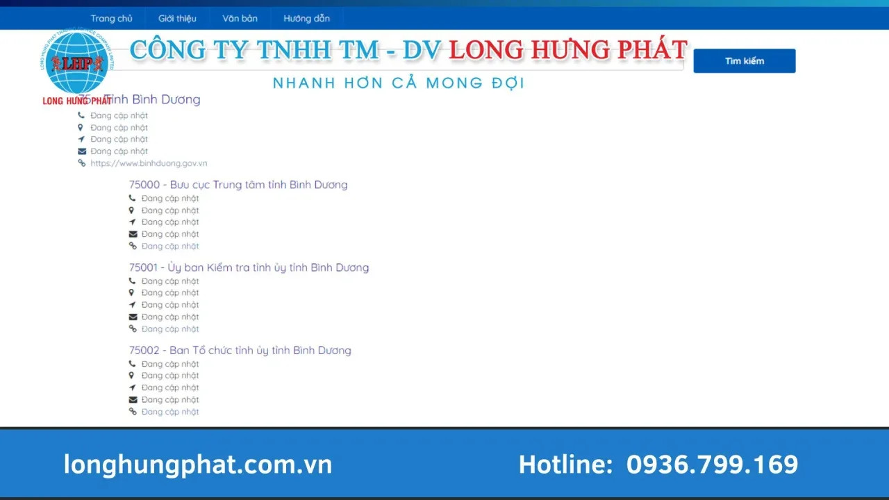 Giao diện website hoặc ứng dụng di động hiển thị kết quả tra cứu mã ZIP code cho khu vực Bình Dương