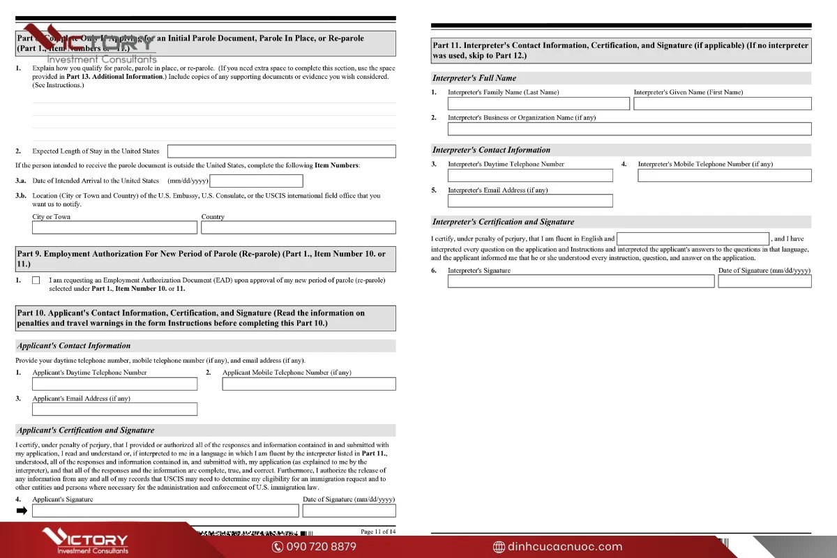 Hoàn tất các phần cuối của Mẫu đơn I-131 bao gồm thông tin liên hệ và chữ ký
