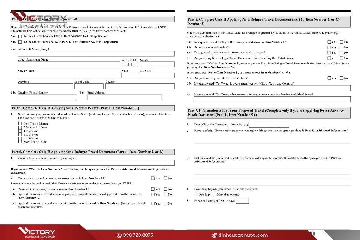 Hướng dẫn điền Phần 5 và Phần 6 Mẫu đơn I-131 cho Reentry Permit và Refugee Travel Document