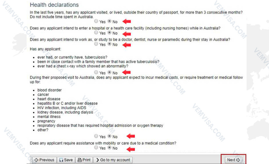 Khai báo y tế trên tờ khai xin visa Úc online