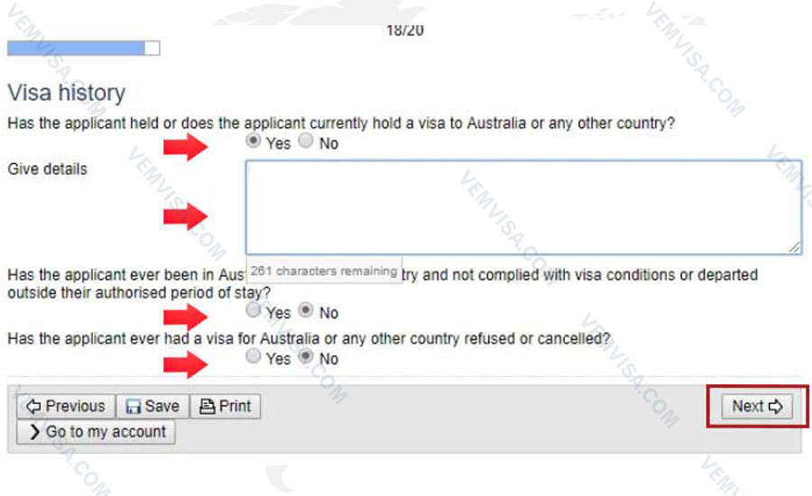 Lịch sử xin visa các nước trên tờ khai xin visa Úc online