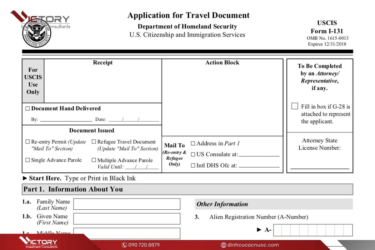 Mẫu đơn I-131 Application for Travel Document chính thức từ USCIS