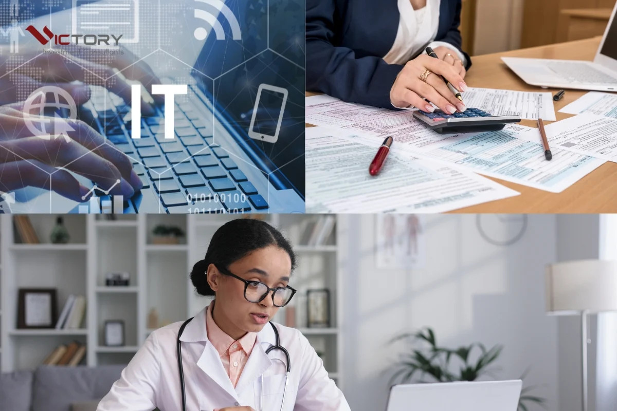 Một nhóm chuyên gia công nghệ và y tế đang trao đổi trong một môi trường làm việc hiện đại, tượng trưng cho sự tăng trưởng việc làm mạnh mẽ trong lĩnh vực công nghệ, y tế và tài chính ở Mỹ.