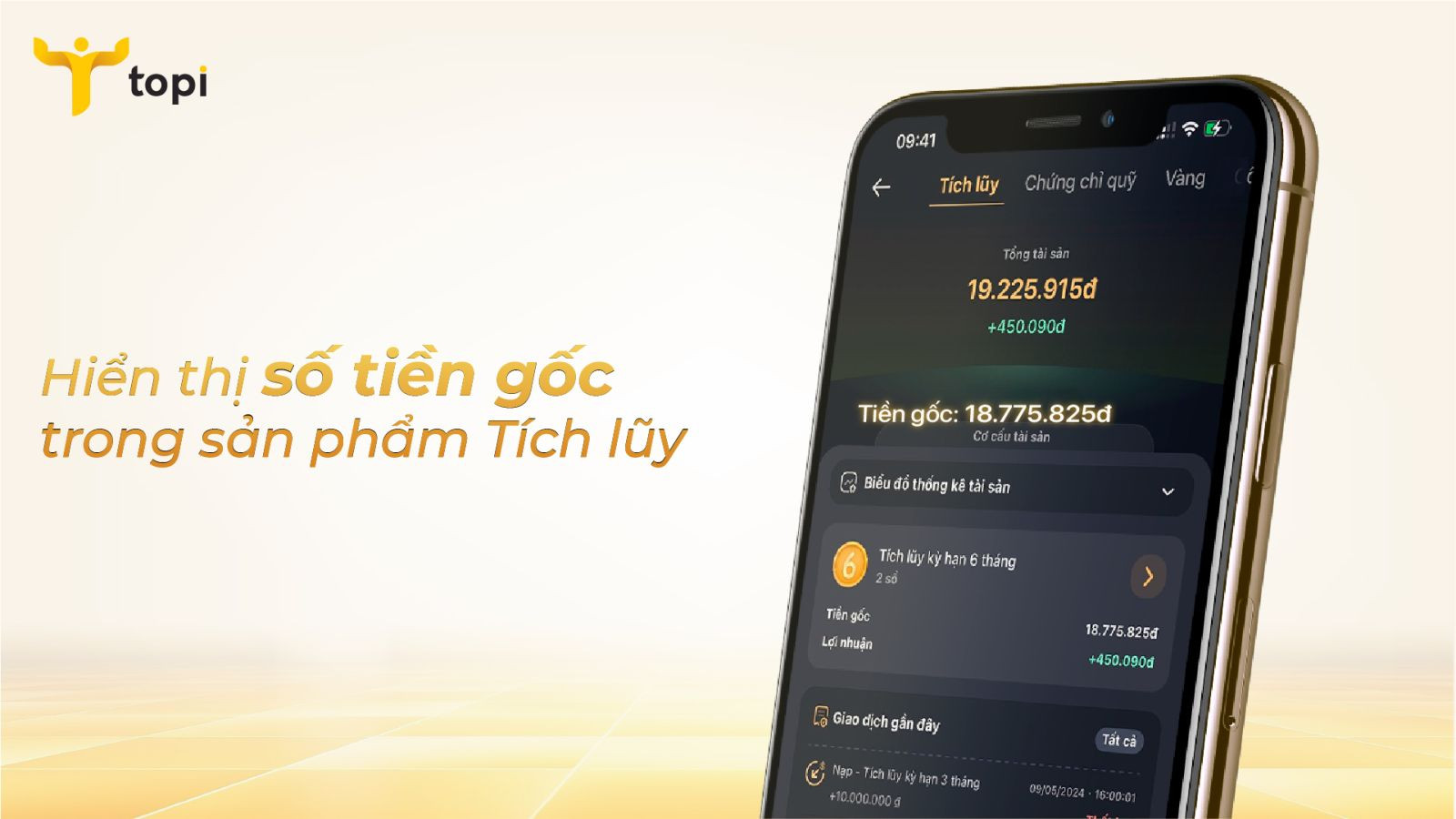 Người dùng xem biểu đồ tăng trưởng tài sản trên giao diện ứng dụng