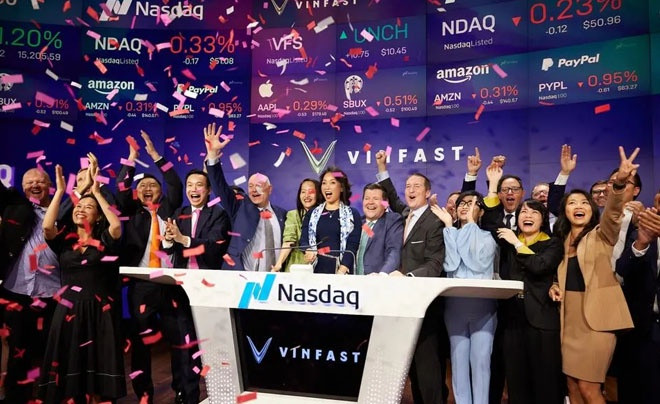 Ông Phạm Nhật Vượng tại lễ ra mắt cổ phiếu VinFast trên sàn Nasdaq