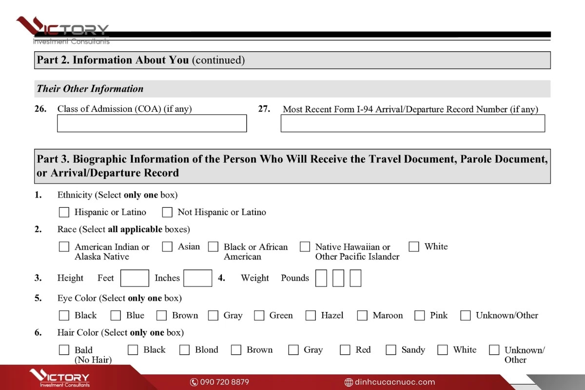 Phần 3 Mẫu đơn I-131 yêu cầu thông tin sinh học như chủng tộc và chiều cao
