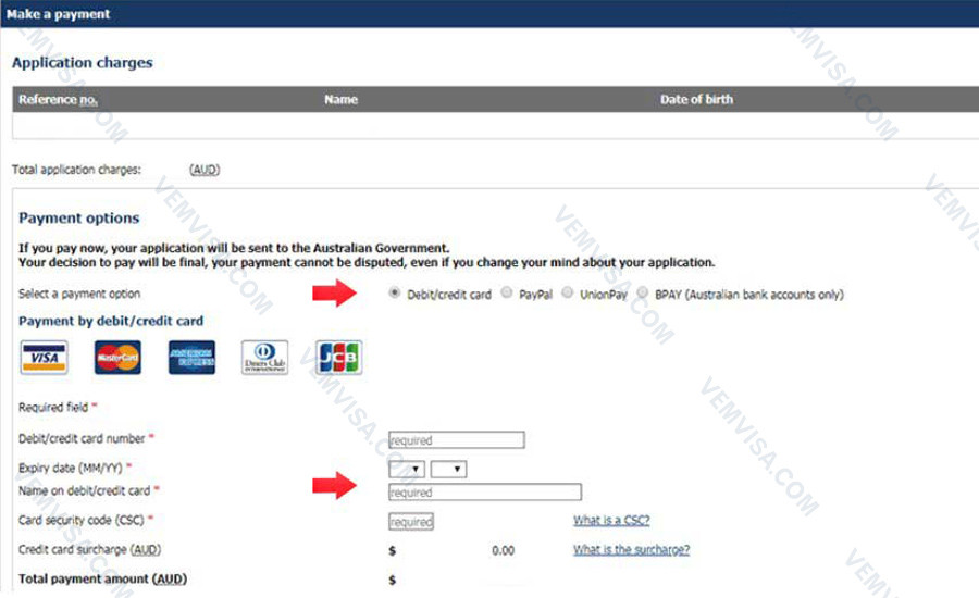 Thanh toán phí xin visa Úc online