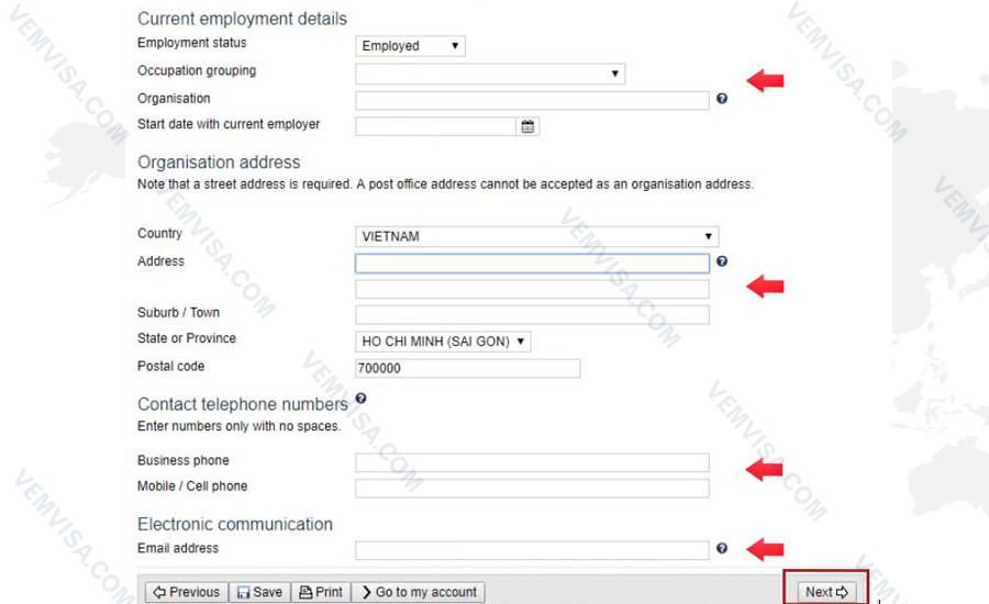 Thông tin công việc trên tờ khai xin visa Úc online