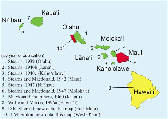 Bản đồ hiển thị diện tích từng hòn đảo chính của quần đảo Hawaii
