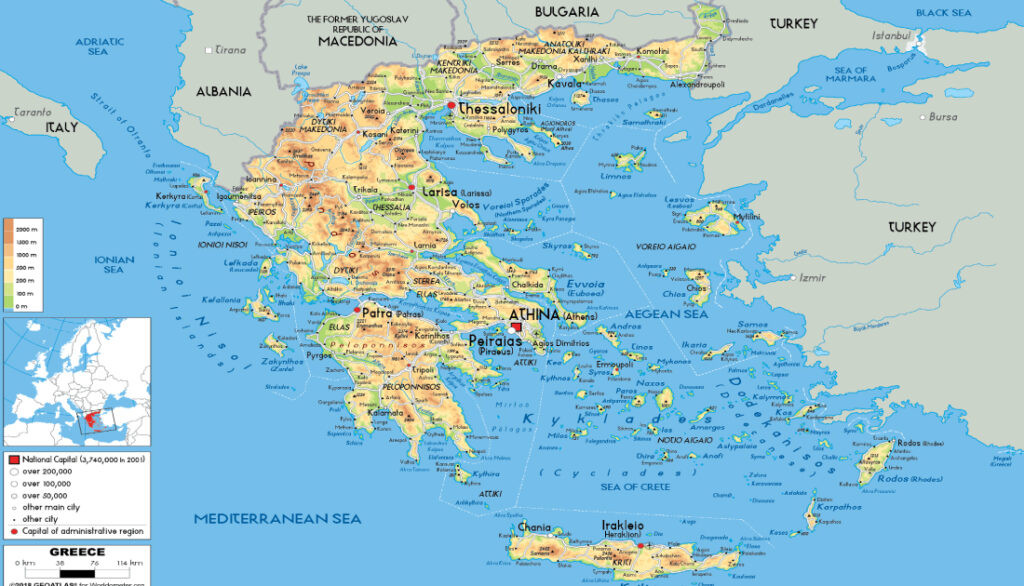 Bản đồ Hy Lạp hiển thị vị trí địa lý, các đảo và lãnh thổ đất liền