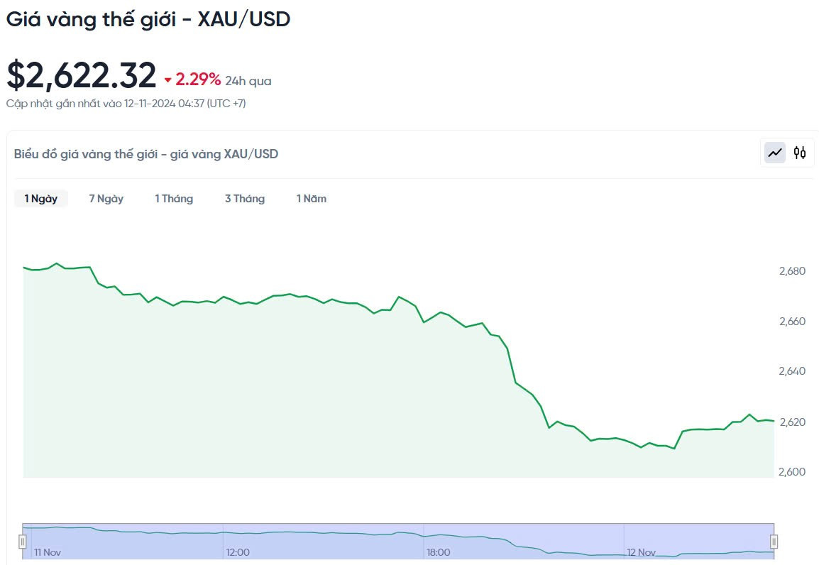 Biểu đồ biến động giá vàng thế giới 24h qua ngày 12 tháng 11 năm 2024