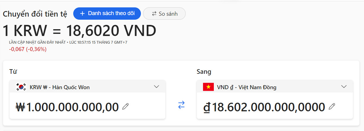 Biểu đồ tỷ giá hối đoái 4 tỷ Won sang VND cập nhật