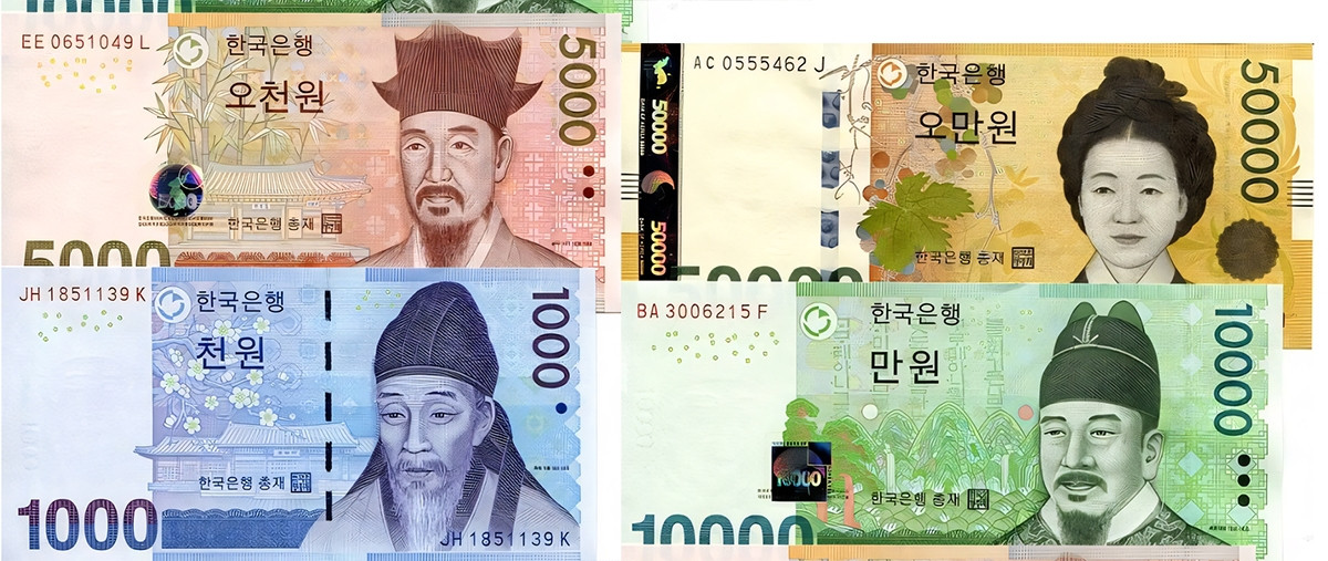 Các mệnh giá đồng tiền Won Hàn Quốc bao gồm tiền xu và tiền giấy
