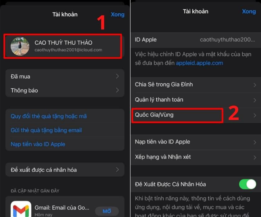 Chọn tài khoản iCloud và mục Quốc Gia/Vùng trong App Store iOS