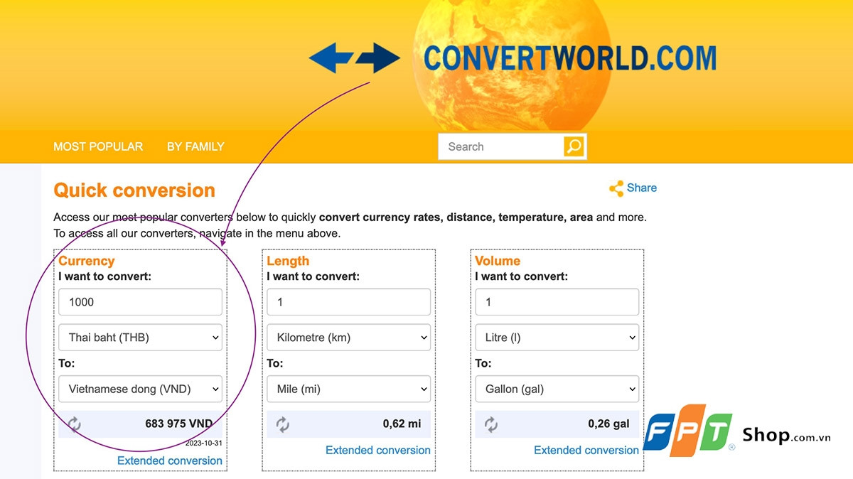 Giao diện website Convertworld.com hỗ trợ quy đổi tiền Thái