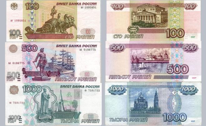 Hình ảnh các tờ tiền giấy Rúp 100, 500, 1000 và quy đổi 100 Rúp