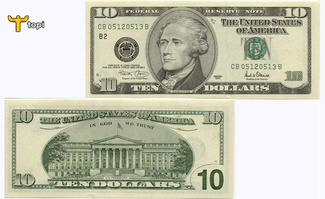 Hình ảnh mặt trước và mặt sau của tờ 10 đô la Mỹ mẫu cũ, minh họa giá trị 10 USD đổi ra tiền Việt.