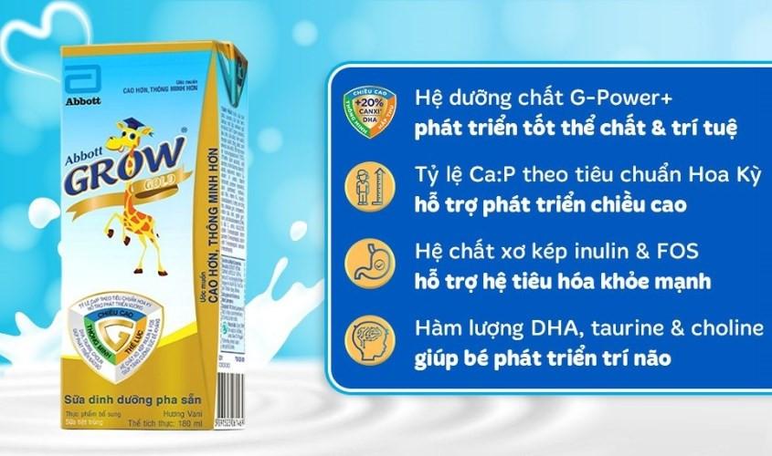 Lốc 4 hộp sữa pha sẵn Abbott Grow Gold 180ml hương vani, dòng sữa tiện lợi của Abbott Hoa Kỳ cho trẻ từ 1 tuổi.
