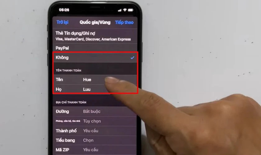 Lựa chọn phương thức thanh toán None khi chuyển vùng Appstore