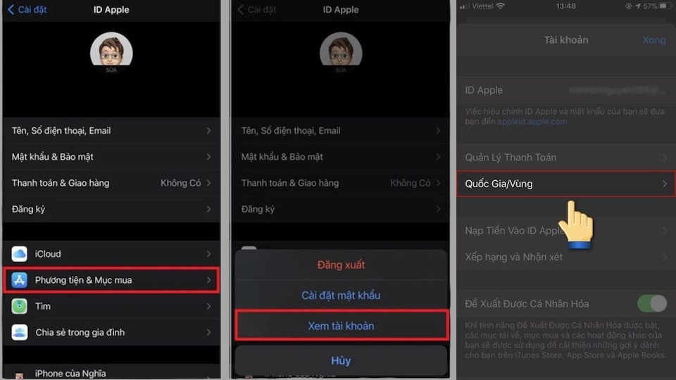 Lựa chọn Quốc gia/Vùng trong cài đặt Apple ID để chuyển đổi AppStore trở lại Việt Nam