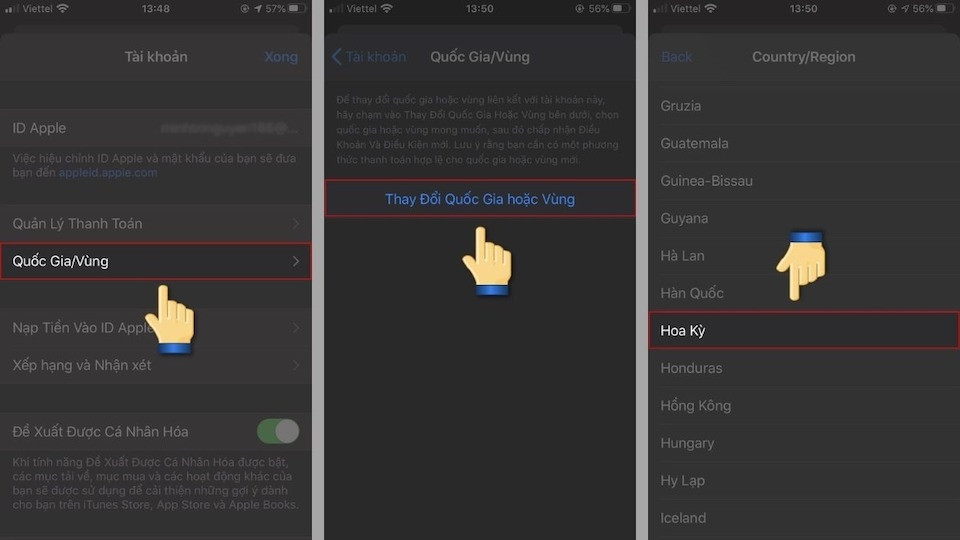Màn hình chọn mục Quốc gia/Vùng trong cài đặt tài khoản Apple ID để thay đổi khu vực AppStore