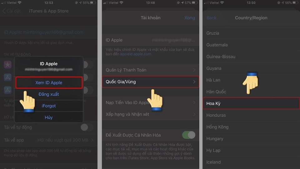 Màn hình lựa chọn khu vực Hoa Kỳ để hoàn tất việc chuyển đổi vùng AppStore