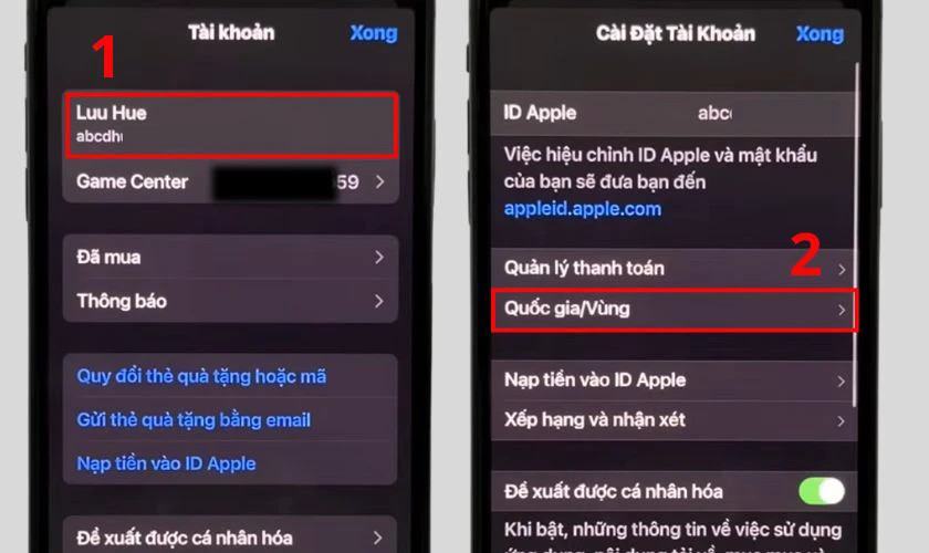 Thao tác bắt đầu chuyển vùng Appstore sang Hoa Kỳ