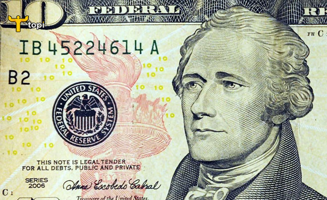 Tờ 10 đô la Mỹ với thiết kế mới năm 2006, in hình Alexander Hamilton, phản ánh giá trị tiền tệ Hoa Kỳ.