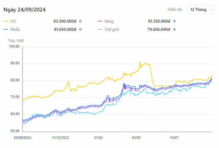 Biểu đồ thể hiện biến động giá vàng một chỉ tại Việt Nam năm 2009, giai đoạn hậu khủng hoảng tài chính.