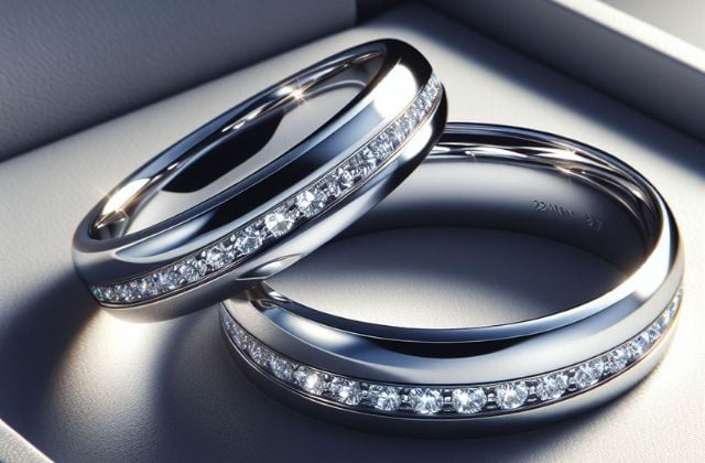 Cặp đôi đang chọn mua trang sức bạch kim 950 hoặc vàng trắng tùy theo sở thích và ngân sách