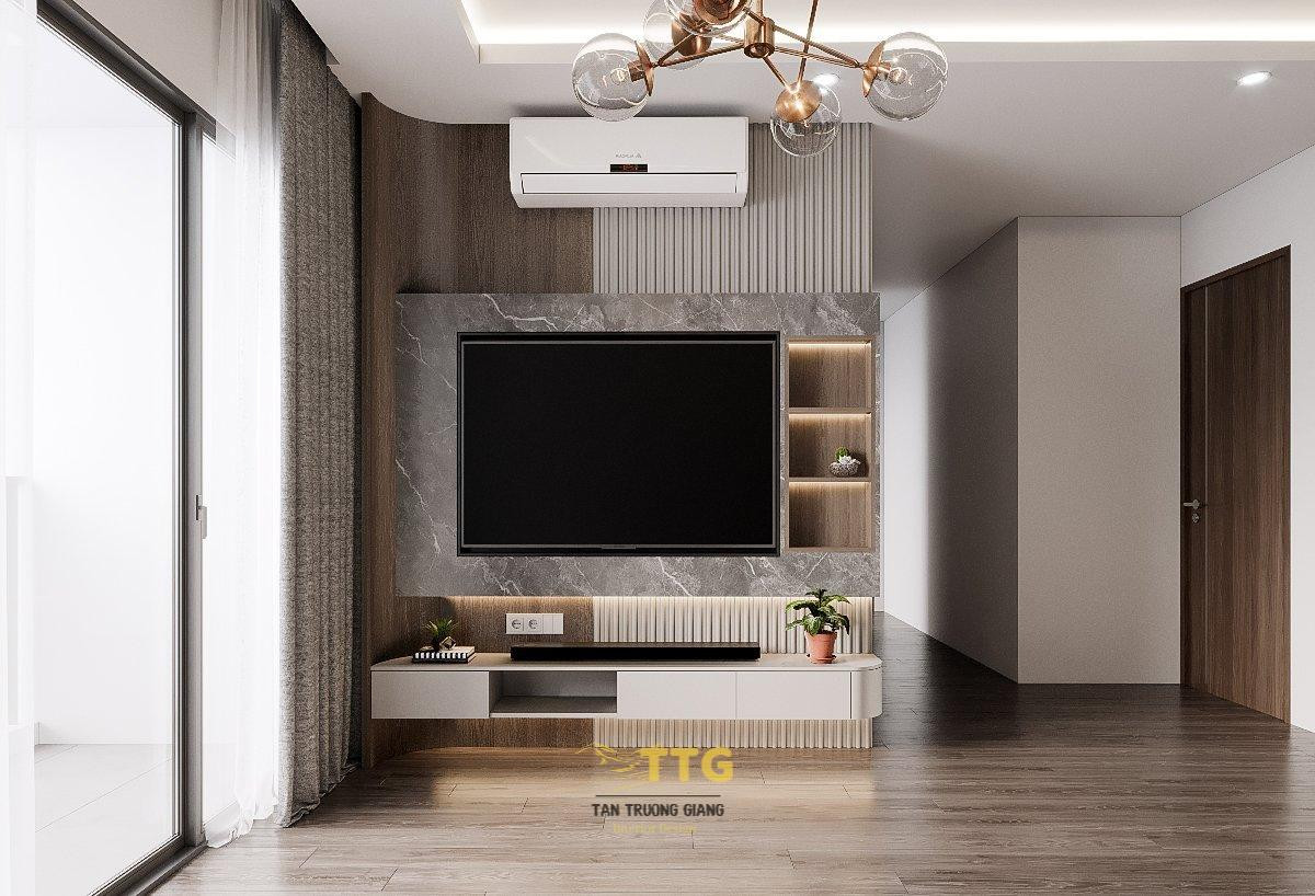 Kệ TV với tấm lam sóng tạo điểm nhấn hiện đại cho phòng khách CT7H Dương Nội