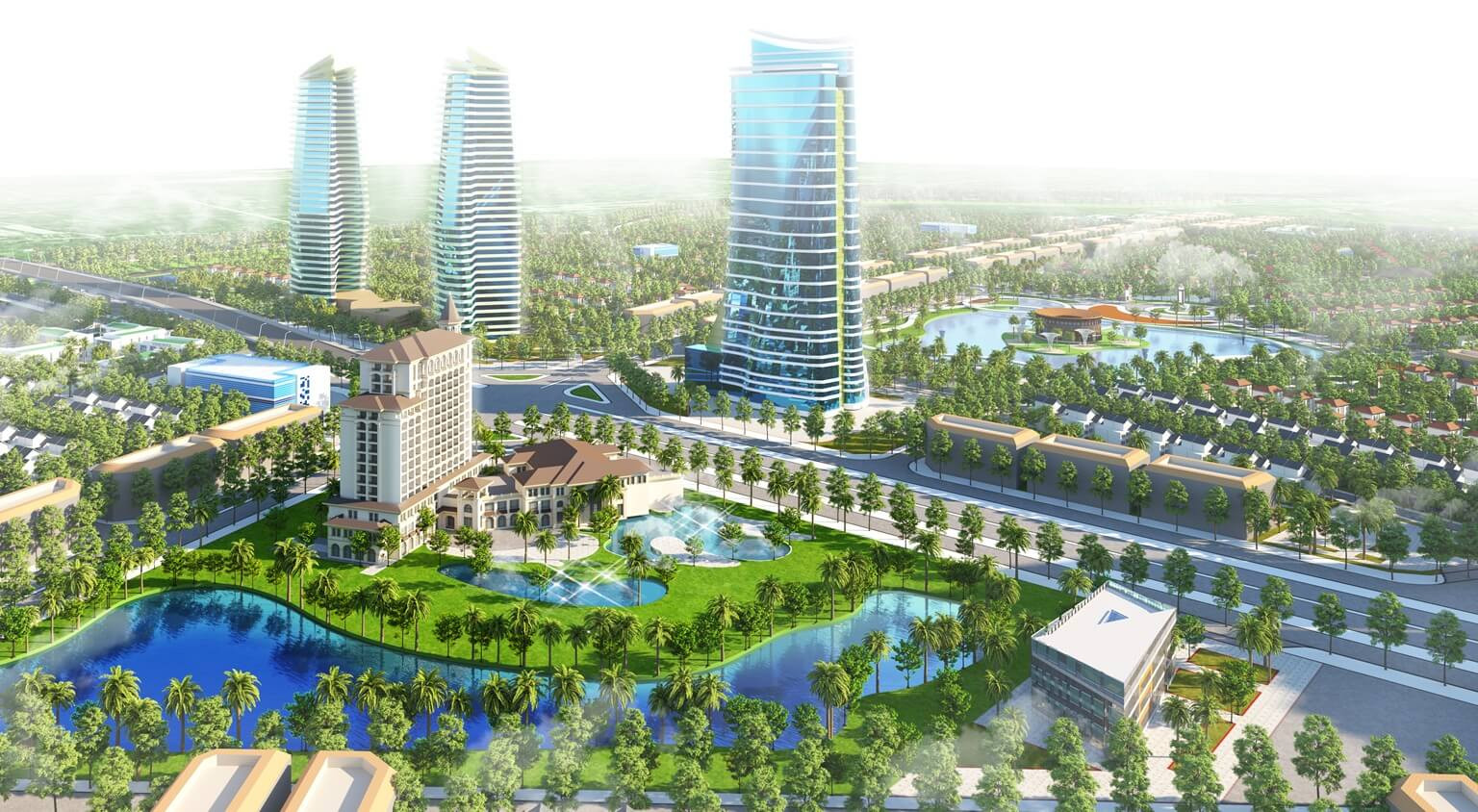 Không gian xanh mướt và mặt nước trong lành tại Alluvia City, khu đô thị mới Văn Giang Hưng Yên.