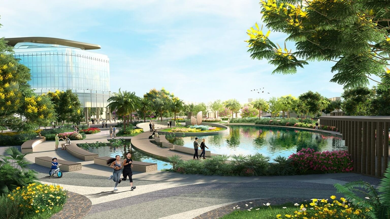 Khu vực sân vườn xanh mát và đường dạo bộ uốn lượn tại Alluvia City Hưng Yên, mang đến không gian nghỉ ngơi lý tưởng.