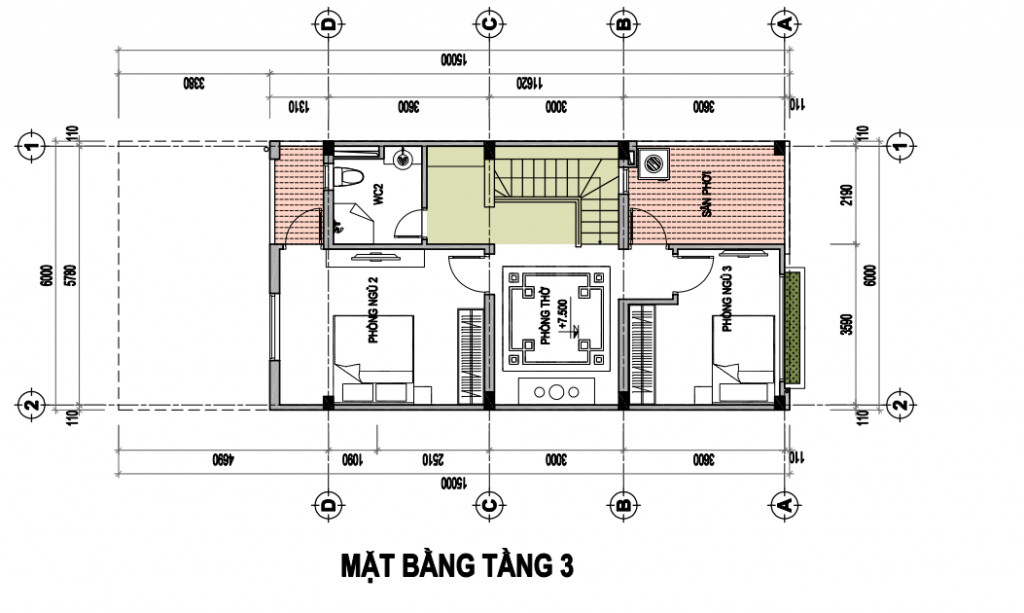 Mặt bằng tầng 3 của nhà liền kề Tasco Xuân Phương