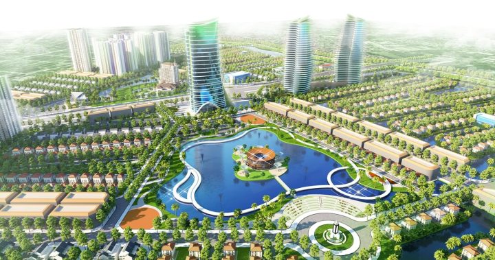 Phối cảnh tổng thể khu đô thị Alluvia City Văn Giang nhìn từ trên cao, với kiến trúc hiện đại và không gian xanh rộng lớn.
