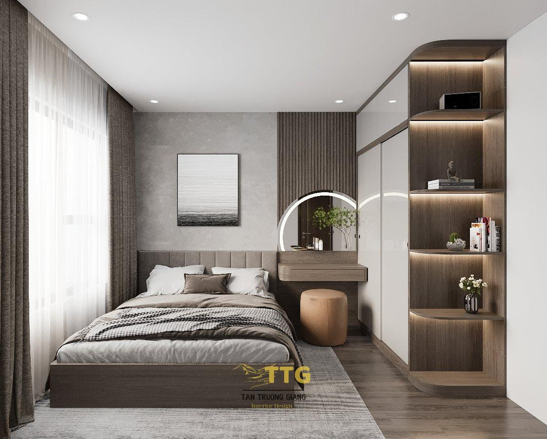 Phòng ngủ bé 1 với giường tầng và bàn học tích hợp tại căn hộ CT7H Dương Nội