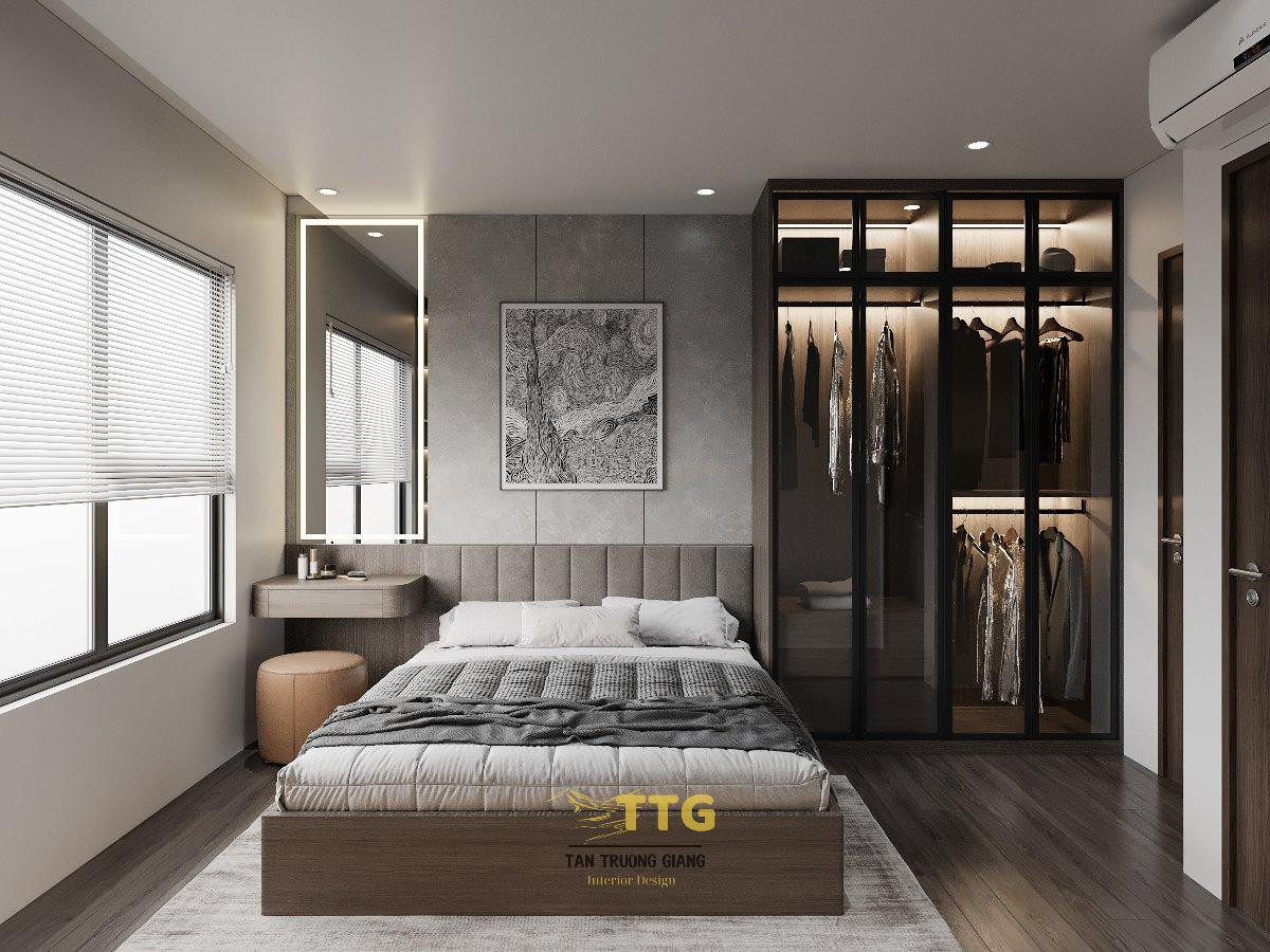 Phòng ngủ Master với tủ áo cánh kính có đèn LED tại CT7H Khu đô thị Dương Nội