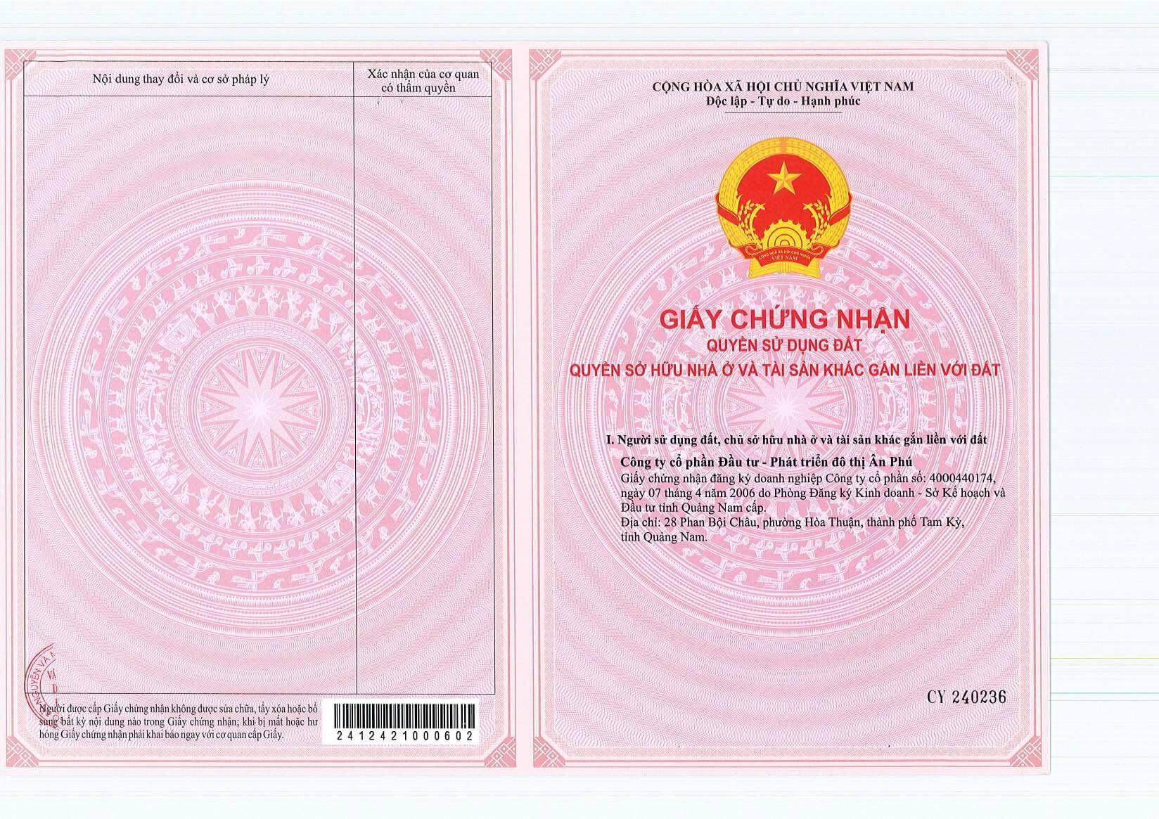 Sổ đỏ dự án khu đô thị Ân Phú