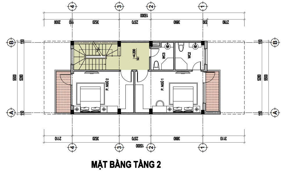 Sơ đồ mặt bằng tầng 2 nhà liền kề tại khu đô thị Xuân Phương